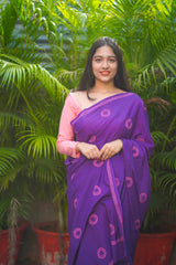 Violet mul cotton block printed saree