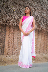 White & pink border mul cotton block printed saree