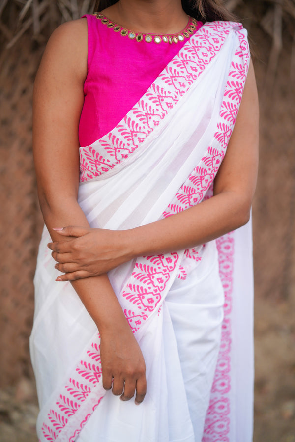 White & pink border mul cotton block printed saree