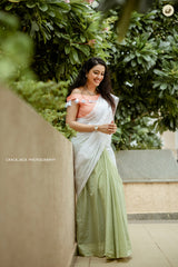 White and Green shaded mul cotton saree