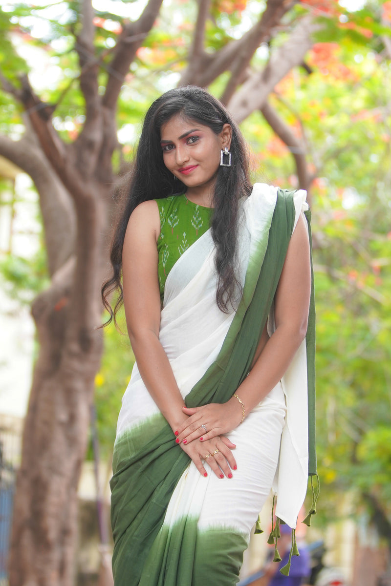Off White and Green shaded mul cotton saree