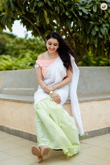 White and Green shaded mul cotton saree