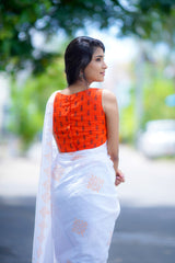 White and Orange mul cotton kolam block printed saree
