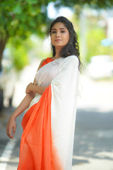 Off White and Orange shaded mul cotton saree