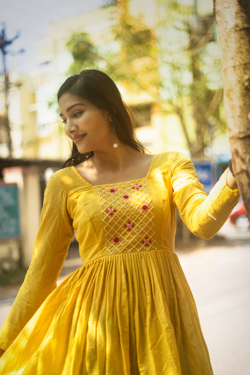 Yellow Embroidery Mul cotton dress (Top)
