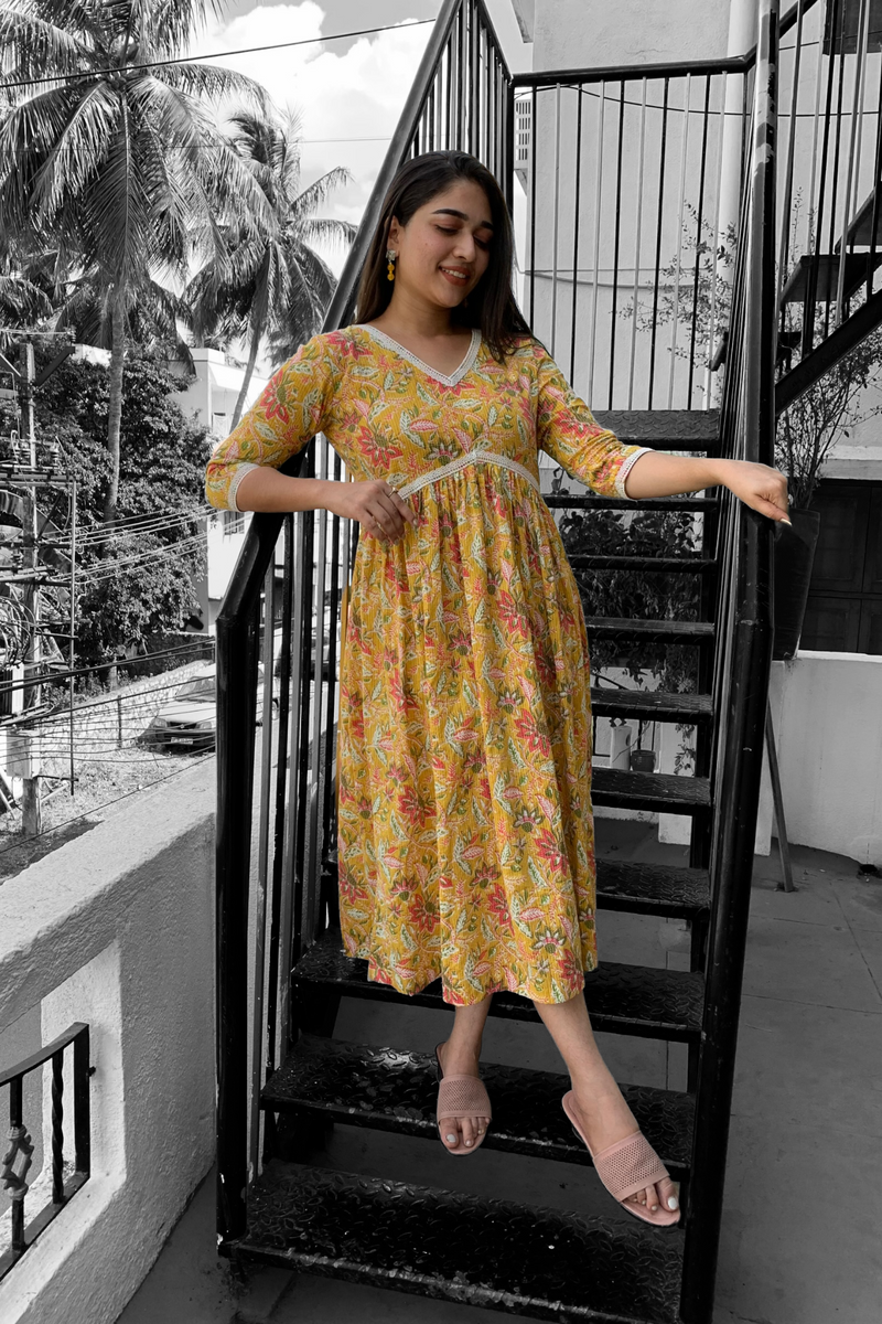 Yellow Floral Cotton maxi Dress