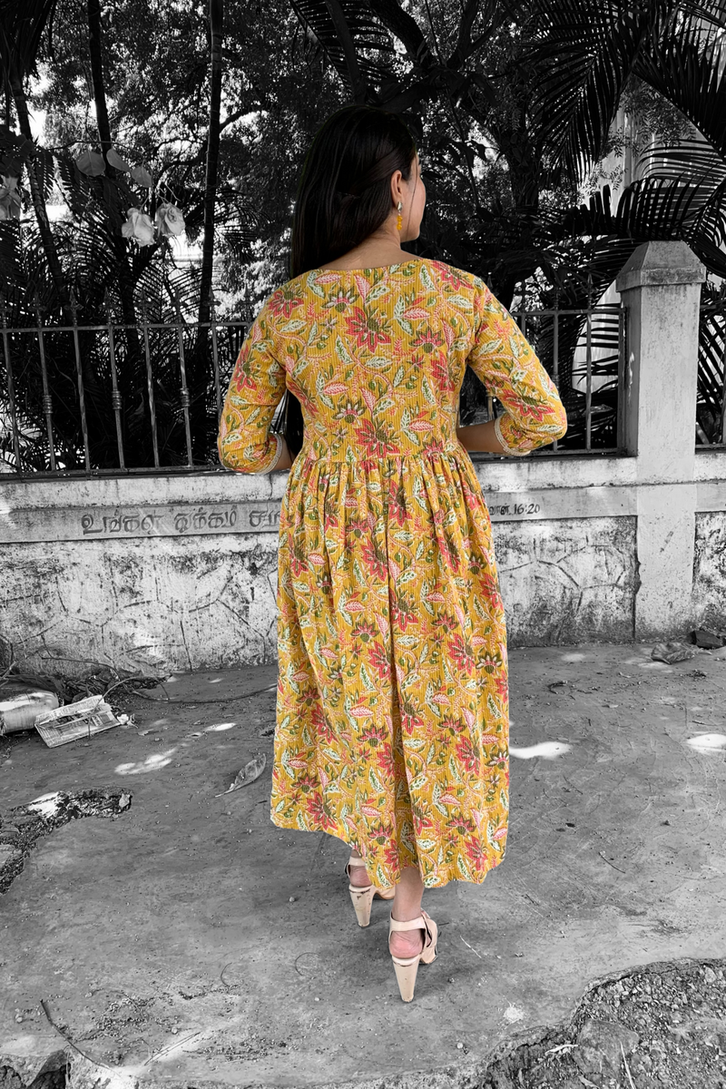 Yellow Floral Cotton maxi Dress