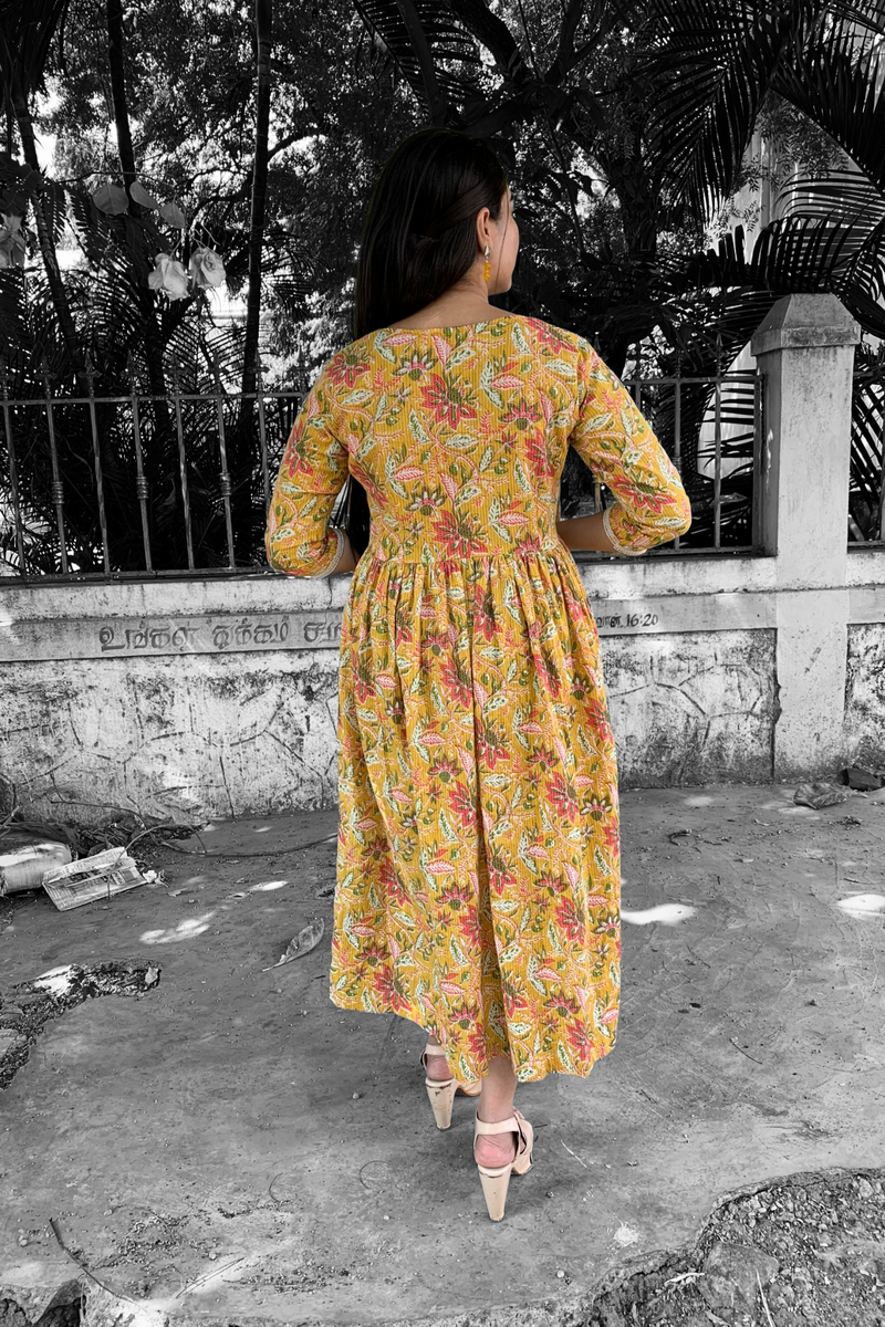 yellow floral cotton dress Yellow Floral Cotton Maxi Dress: Tiered Summer Dress with Pockets