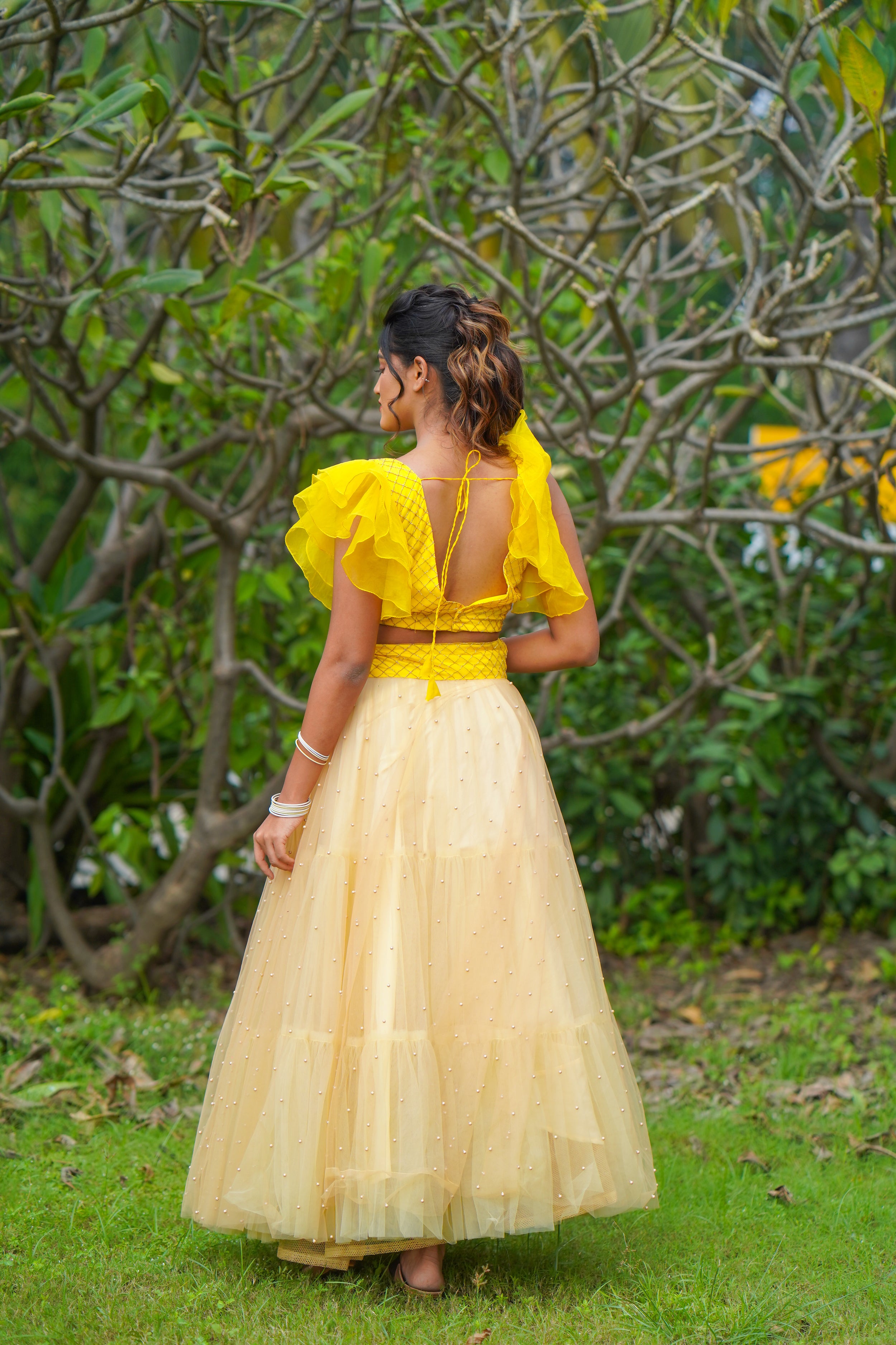 Yellow Gold Pearl Net Skirt Blouse YoshnasByEla