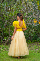 Yellow Gold Pearl Net Skirt & Blouse