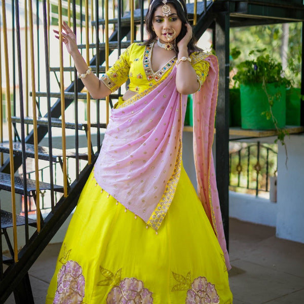 Pink Thread Embroidery Silk Bridal Lehenga With Yellow Choli And Dupatta at  Rs 3600 | ब्राइडल सिल्क लहंगा in Surat | ID: 21915358433