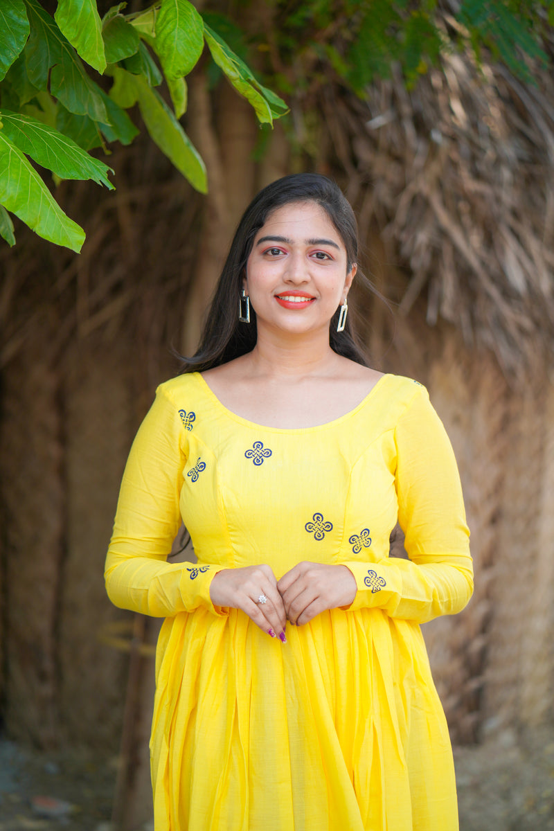 Yellow block printed mul cotton dress (Top)