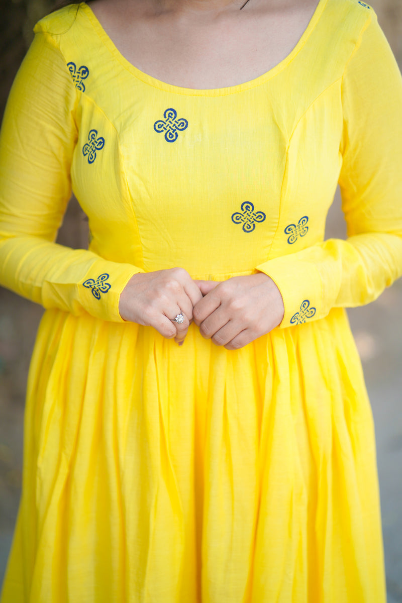 Yellow block printed mul cotton dress (Top)