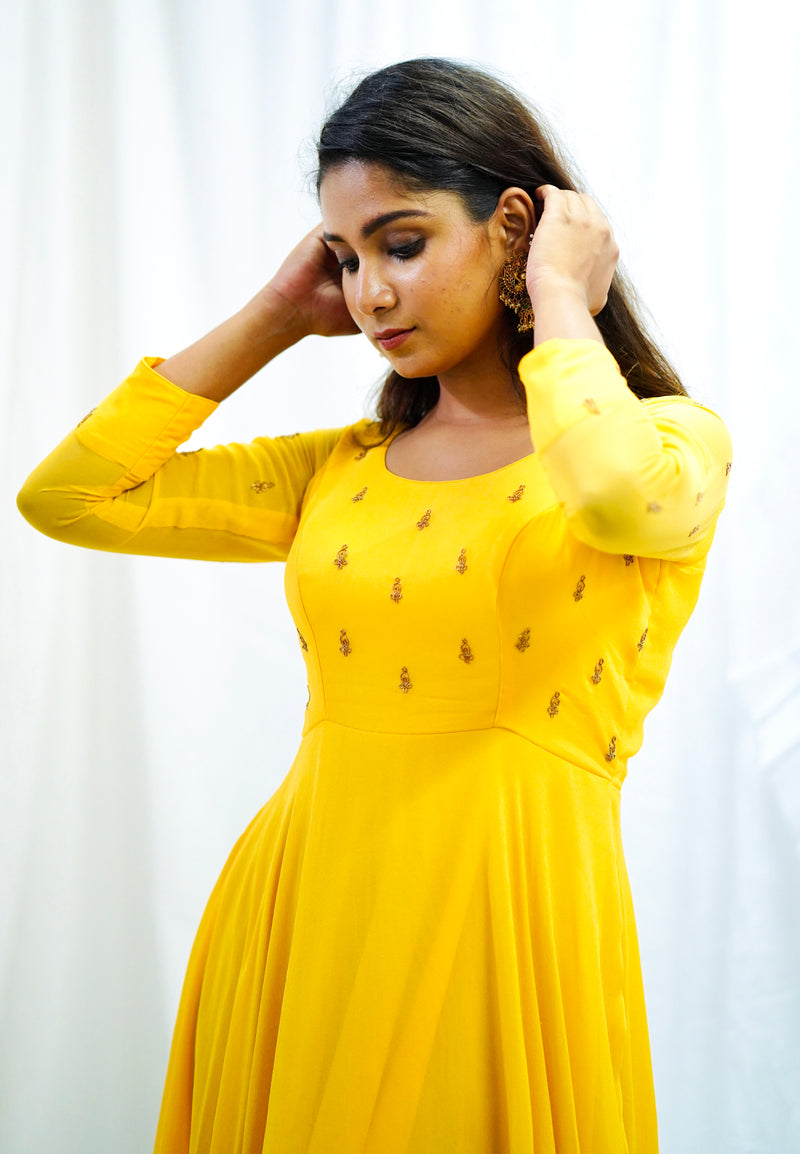 Yellow georgette hand embroidered Anarkali