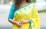 Yellow mul cotton block printed saree