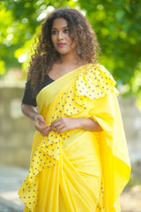 Yellow mul cotton block print ruffle saree
