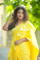 Yellow mul cotton block print ruffle saree