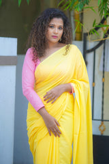 Yellow mul cotton plain saree