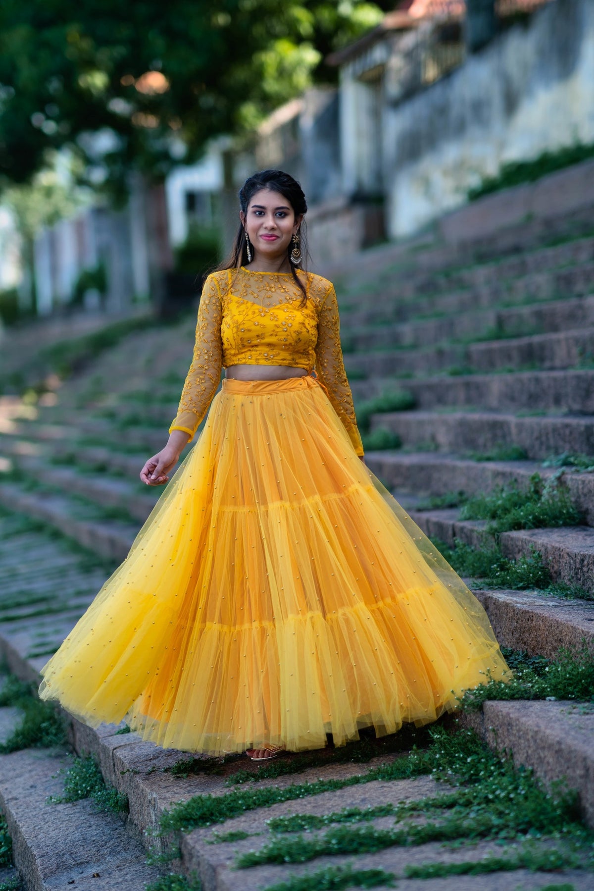 Yellow pearl net Skirt and blouse YoshnasByEla