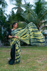 Yellow Black mul cotton tie & dye saree