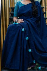 Blue mul cotton plain saree