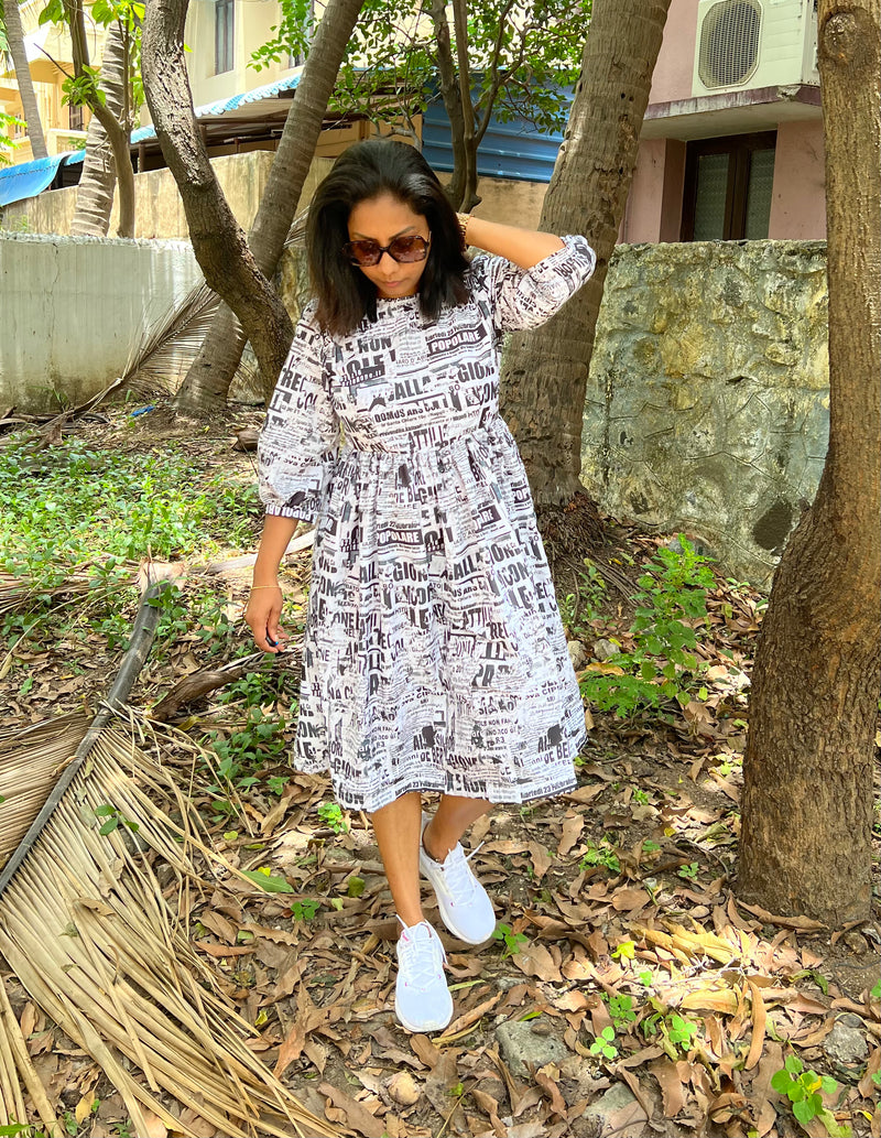 White Newspaper Print Dress