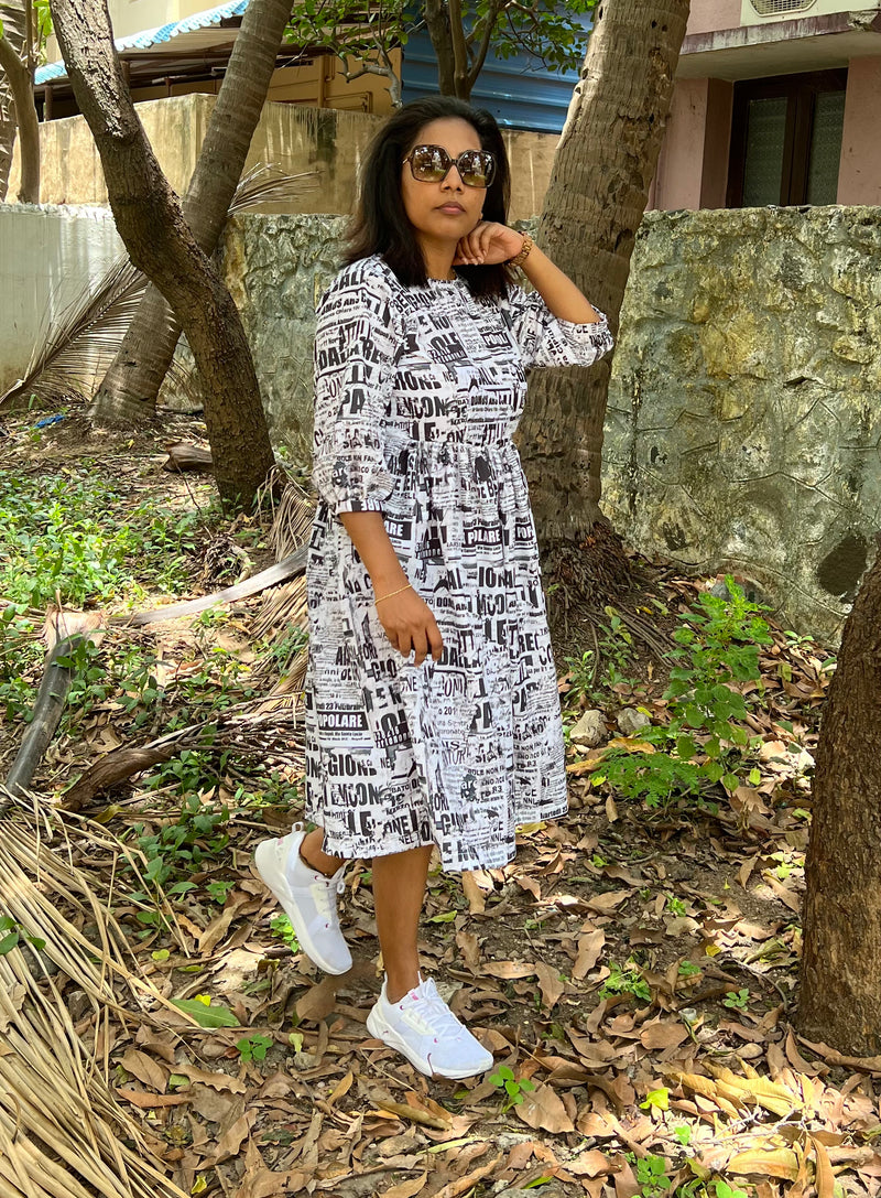 White Newspaper Print Dress