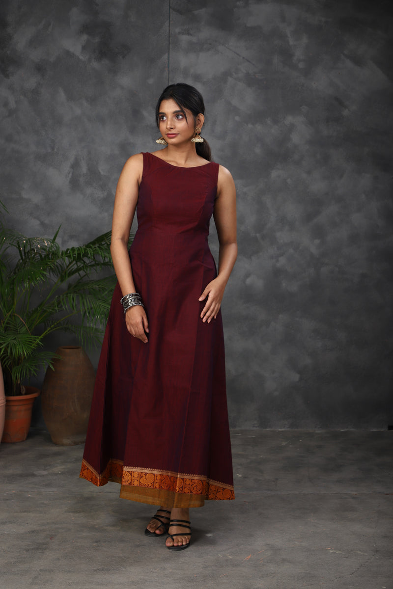 Maroon sleeveless chettinad cotton dress (Top) YoshnasByEla Maroon sleeveless chettinad cotton dress (Top) YoshnasByEla