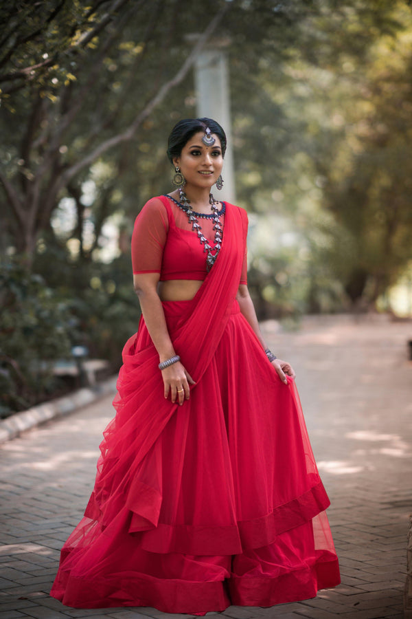 Red Hand embroidered net lehenga - YoshnasByEla 